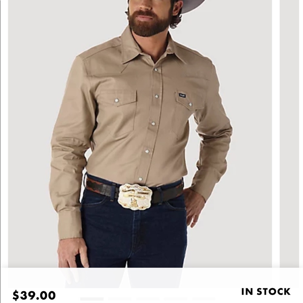Wrangler shirt sz L. Khaki color. Washed but not sure if ever worn. Like new.